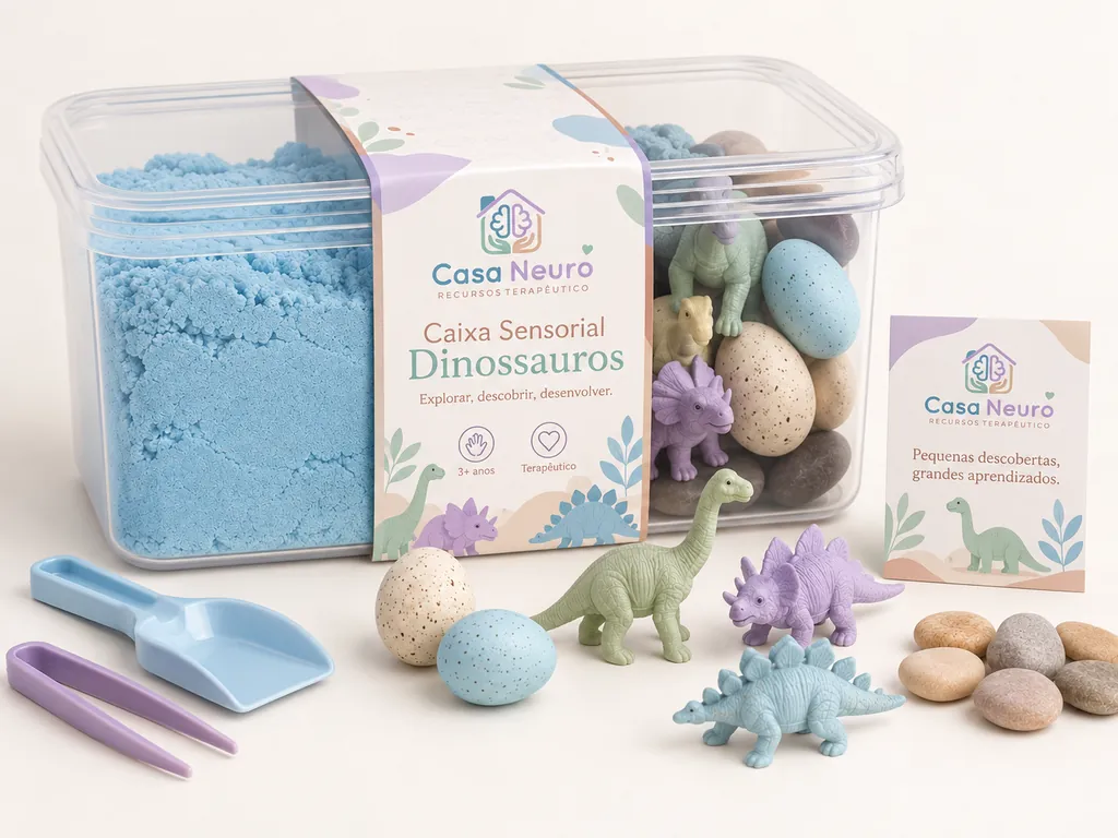 Caixa Sensorial Dinossauros com areia azul, ovos, pedras, figuras de dinossauros, pá e pinça