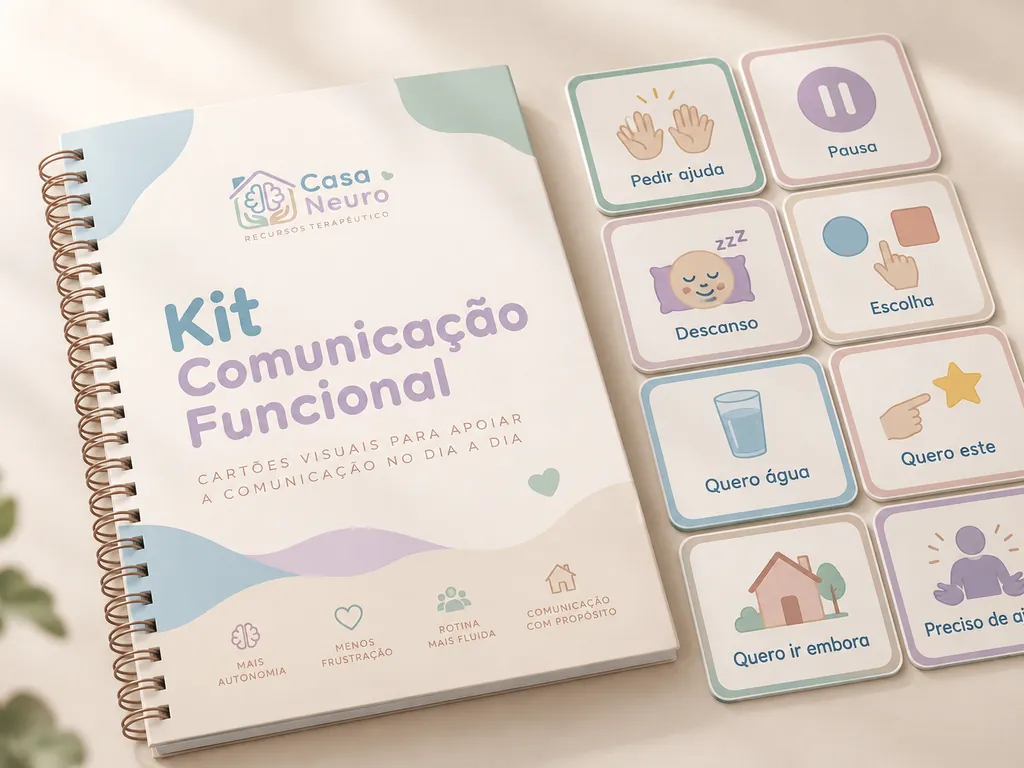 Kit Comunicação Funcional da Casa Neuro: caderno espiral e cartões visuais como pedir ajuda, pausa, descanso, escolha, quero água, quero este e quero ir embora