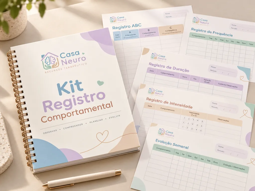 Kit Registro Comportamental da Casa Neuro: caderno espiral e fichas de Registro ABC, frequência, duração, intensidade e evolução semanal