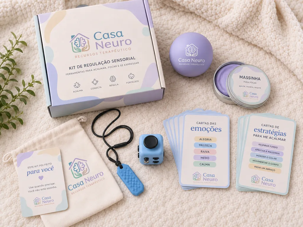 Kit de Regulação Sensorial: caixa, bolinha, massinha, mordedor, cubo antiestresse, cartas das emoções e cartas de estratégias para se acalmar