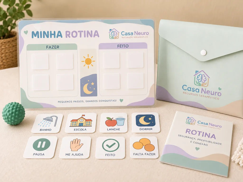 Quadro Minha Rotina com colunas fazer e feito, cartões de atividades como banho, escola, lanche e dormir, e envelope de armazenamento